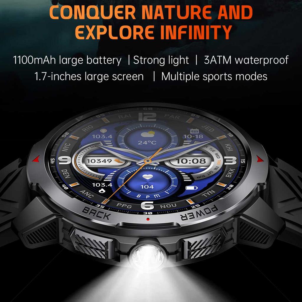 2025 New 1.7-inch Smart Watch Men 1100mAh High-Capacity Battery LED Torch & Compass 3ATM & IP68 Bluetooth Call Sports Smartwatch