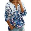 Women Vintage Floral Print Henley Button Neck Shirt Three Quarter Sleeve Linen Cotton Blouse Casual Loose Fit Top for Everyday Wear