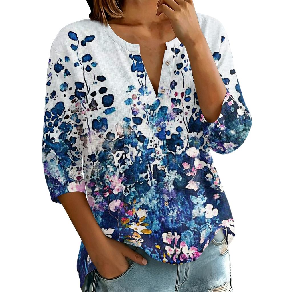 Women Vintage Floral Print Henley Button Neck Shirt Three Quarter Sleeve Linen Cotton Blouse Casual Loose Fit Top for Everyday Wear