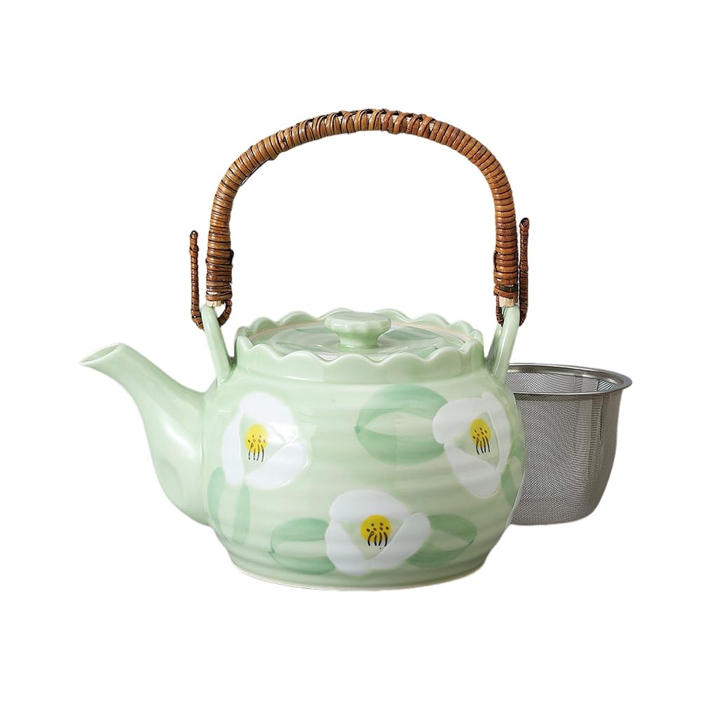 Teapot Steel with 850cc Arita Ware Green Camellia Rokubei Design with Basket 6 Earthenware Made in Stylish Ale-net (Stainless Strainer) Mesh, No.