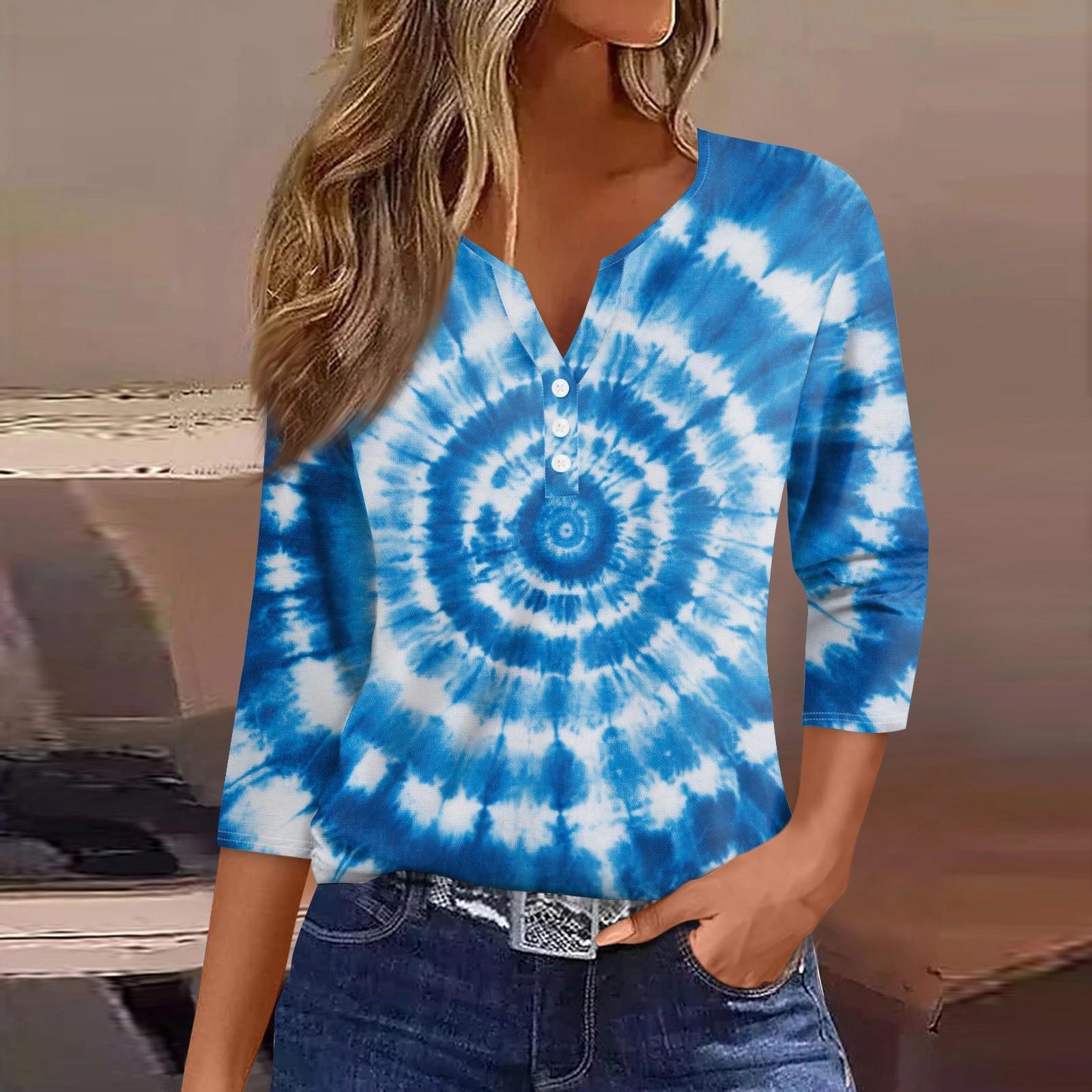 Женская футболка с принтом на пуговицах, рукав 3/4, туника, повседневная мода на выходные, базовый топ с V-образным вырезом M синий фото