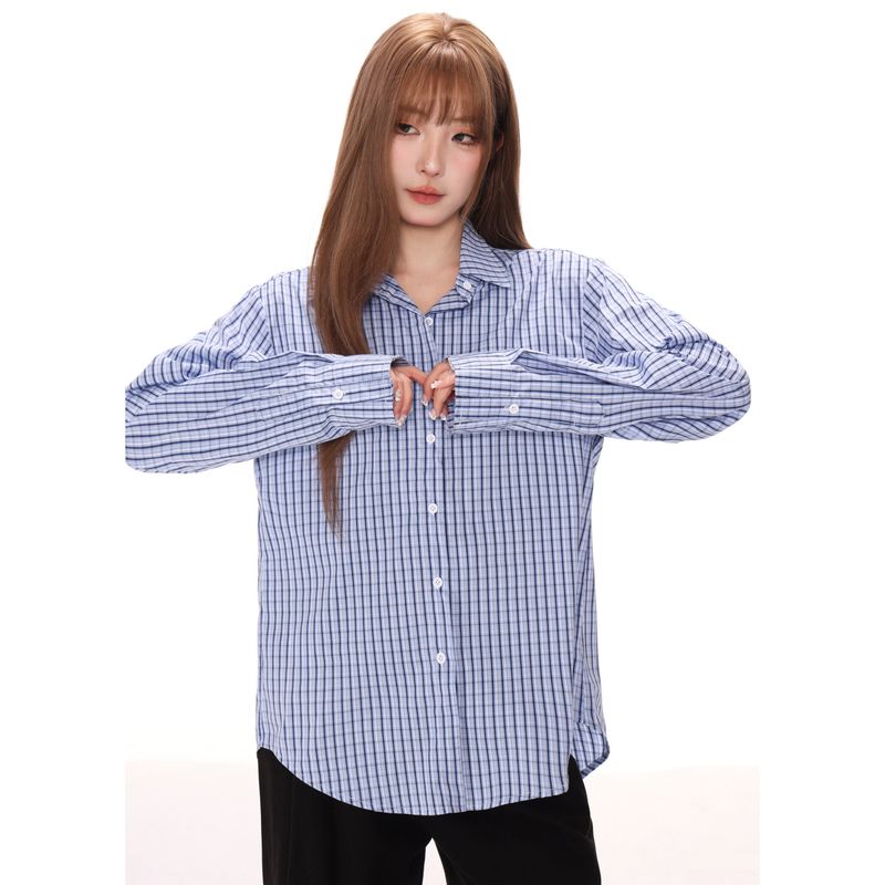 Shiyiyue Retro Preppy Style Blue Plaid Shirt for Women, Loose Sun Protection Outerwear, Layered Casual Long-Sleeved Shirt