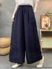 2026 Summer Linen Wide-Leg Pants with Artistic Embroidery and Elastic Waist for Women