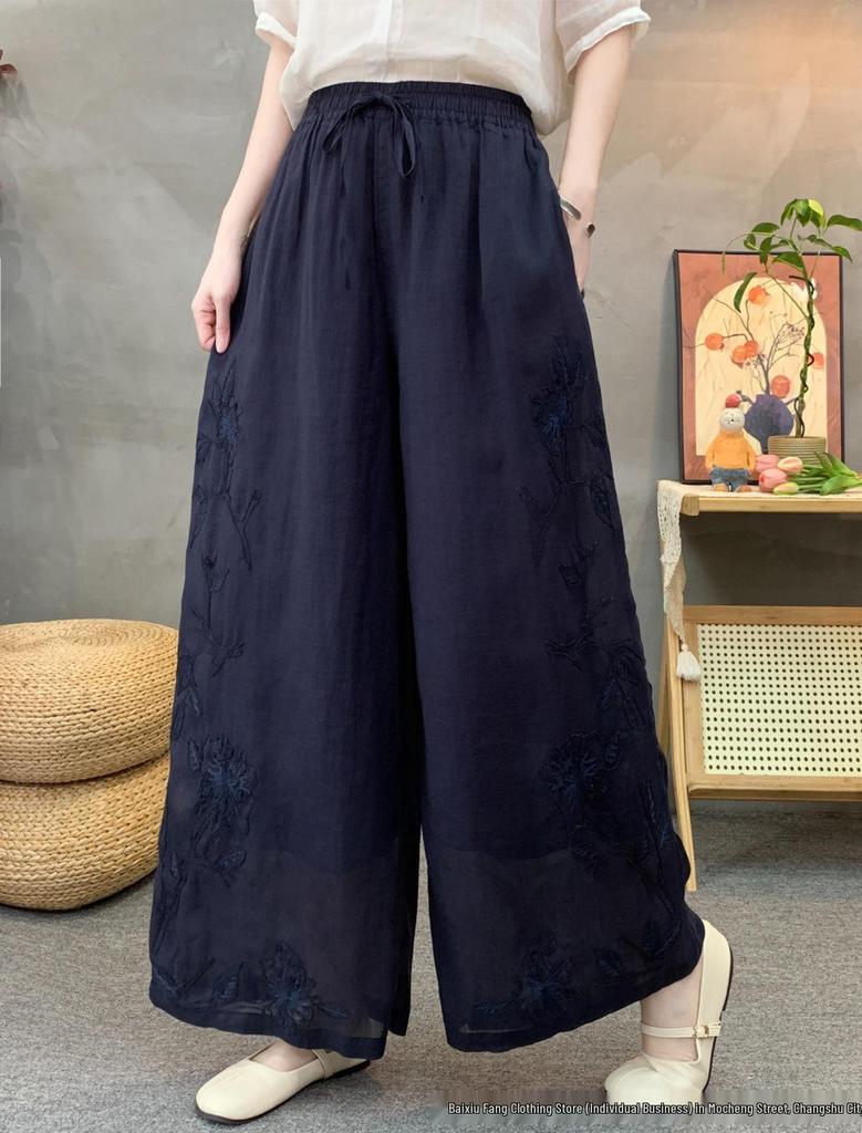 2026 Summer Linen Wide-Leg Pants with Artistic Embroidery and Elastic Waist for Women