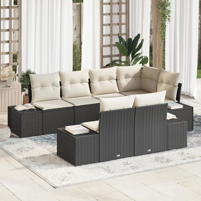 VidaXL Ensemble de Canapé de Jardin 7 Pièces avec Coussins Noir en Rotin Synthétique 3347097
