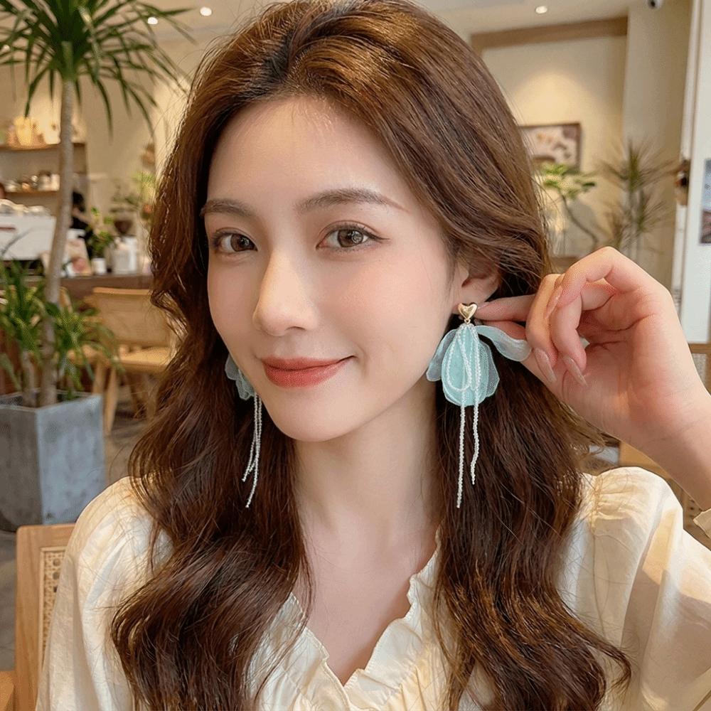 Fabric Chiffon Petal Drop Earrings Sweet Boho Style Earrings Pastoral Setting