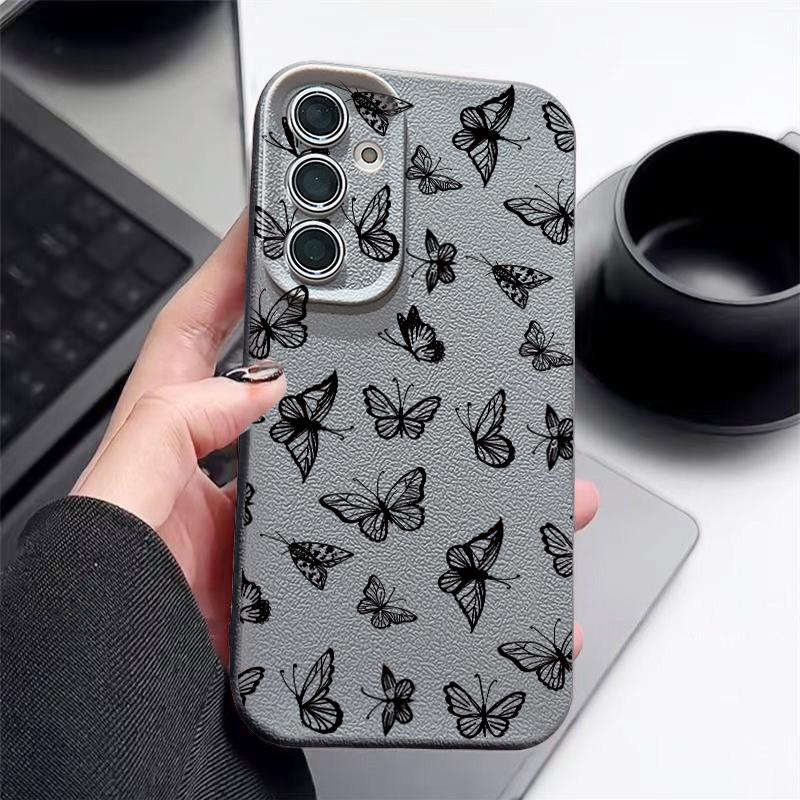 Stoßfeste, matte und schlanke Handyhülle mit Schmetterlingsdruck für Samsung S25 Ultra S24 FE S23 S22 A36 A56 A16 A55 A26 A15 A35, Ledertextur, TPU, weiche Rückseite