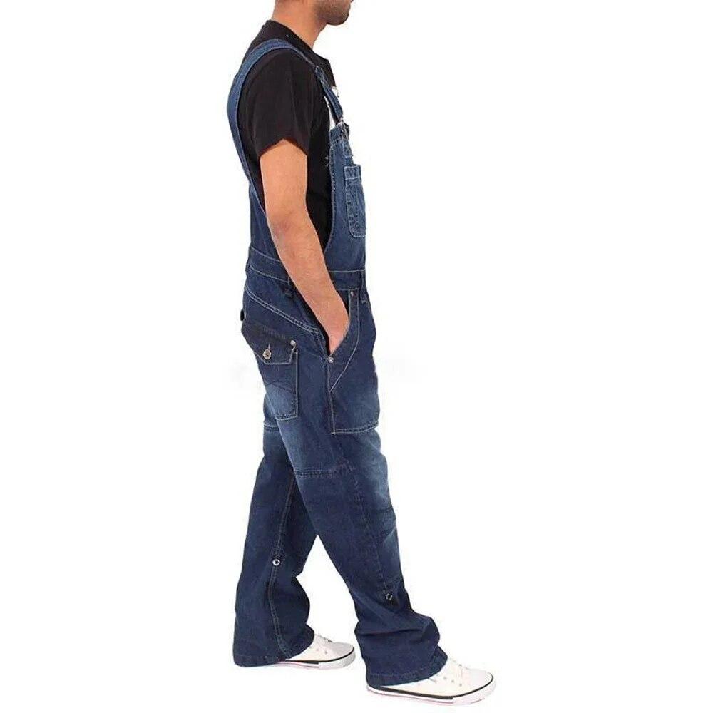 Calças de Trabalho Jeans Street Masculinas Soltas Multibolsos Casual Workwear Macacão com Suspensórios