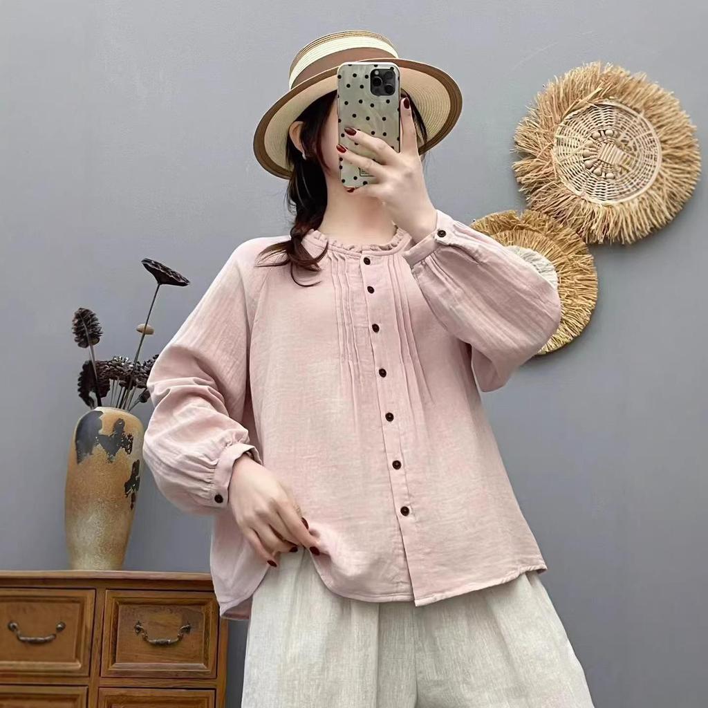 2026 Spring Artistic Pleated Button-Up Cotton Gauze Shirt - Women's Casual Long-Sleeve Top