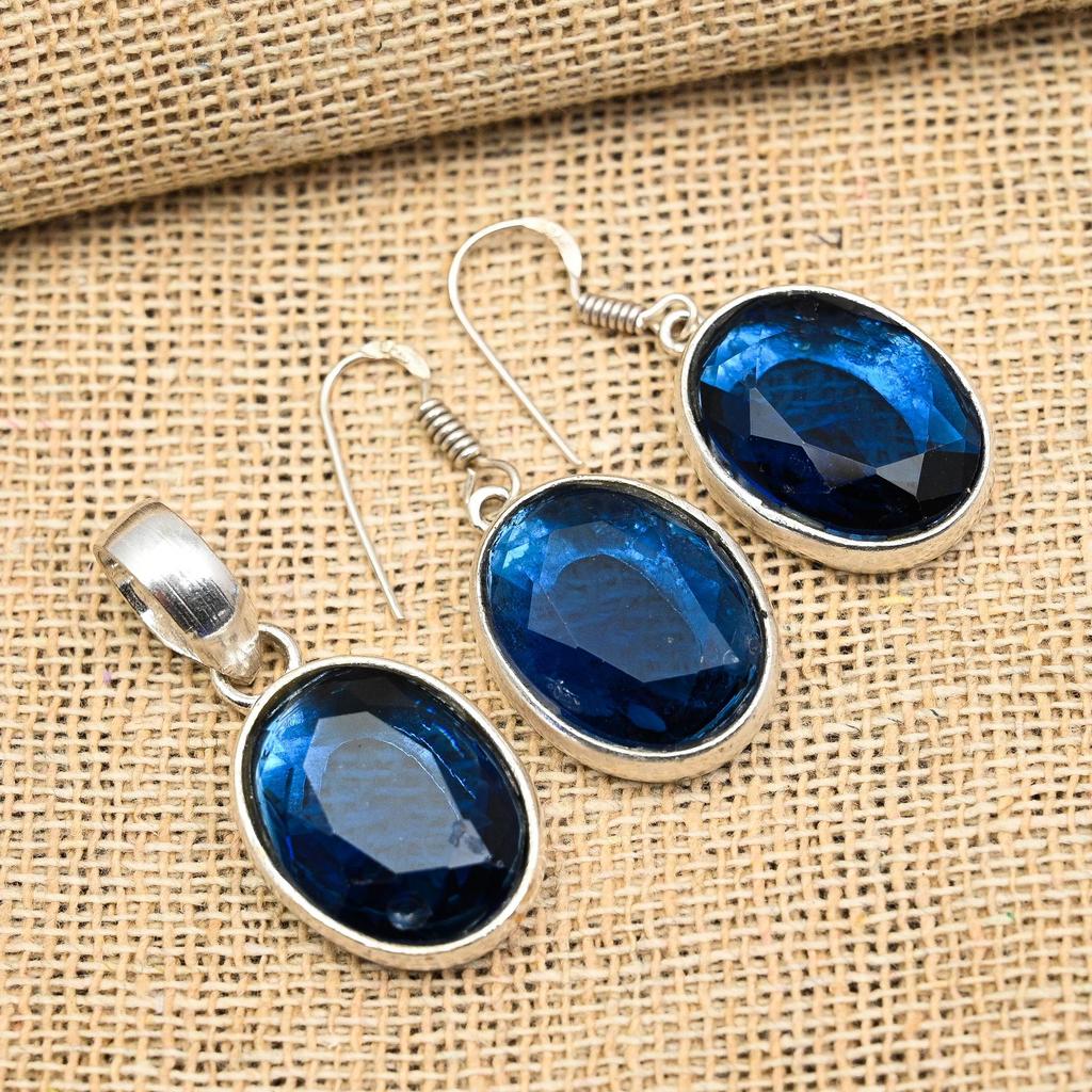 Blå safir, lablaget edelsten i 925 sterlingsølv, anheng og øredobber til kvinner