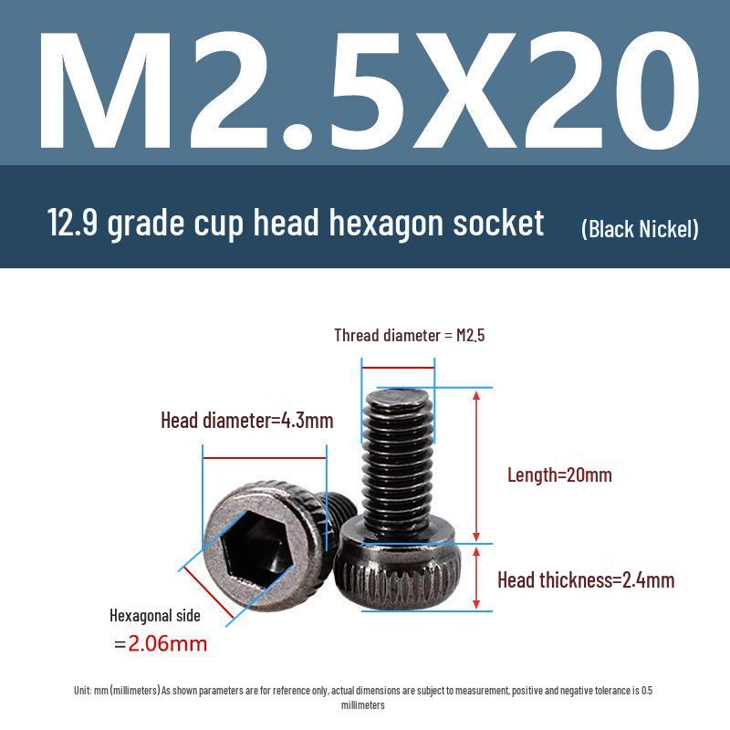Yigu High-Strength Black Nickel Hex Socket Screw, M1.6-M4, Knurled Cup Head Bolt, 12.9 Grade.