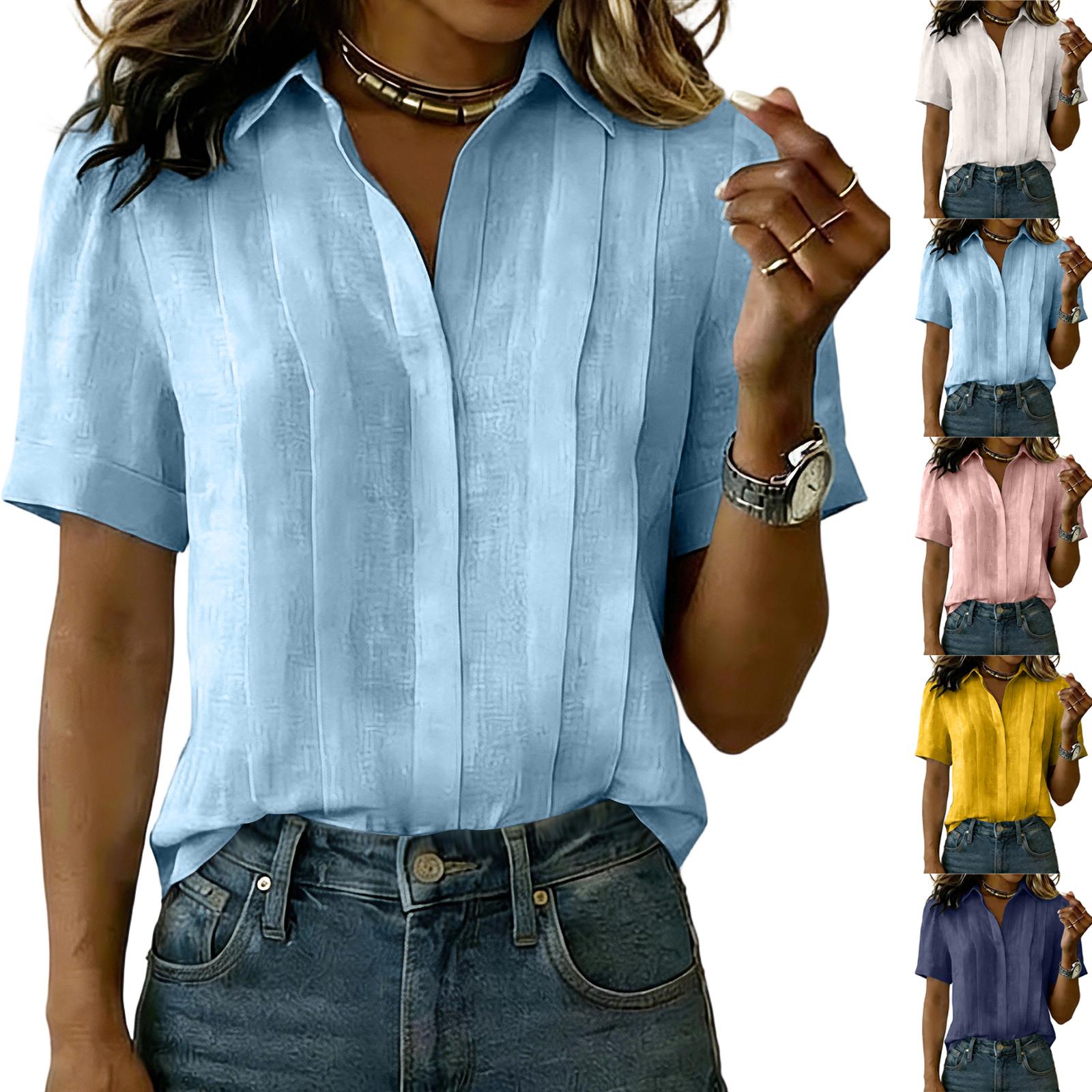 Women s Color Summer Collar Short Sleeved Loose Pleated Cotton Shirt Top S синий