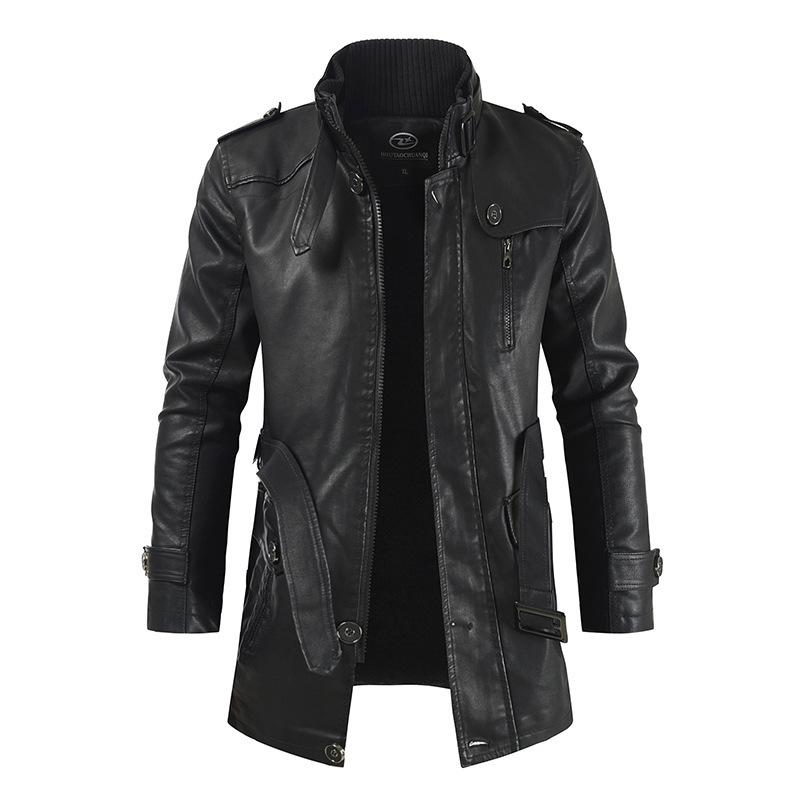 Men's Stand Collar Leather Jacket - Autumn/Winter 2021, Mid-Length, Loose Fit, Plus Velvet, Plus Size, PU Leather.