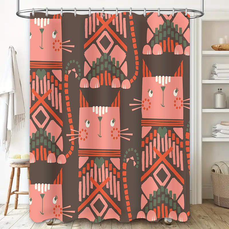 Vintage Geometric Cat Shower Curtain Pink Brown Modern Boho Decor Bathroom Fabric Hanging Waterproof Wall Covering with Hook Unp