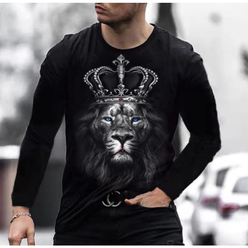 European American men's casual T-shirt with fierce animal 3D digital printing loose men's round neck long sleeved T-shirt