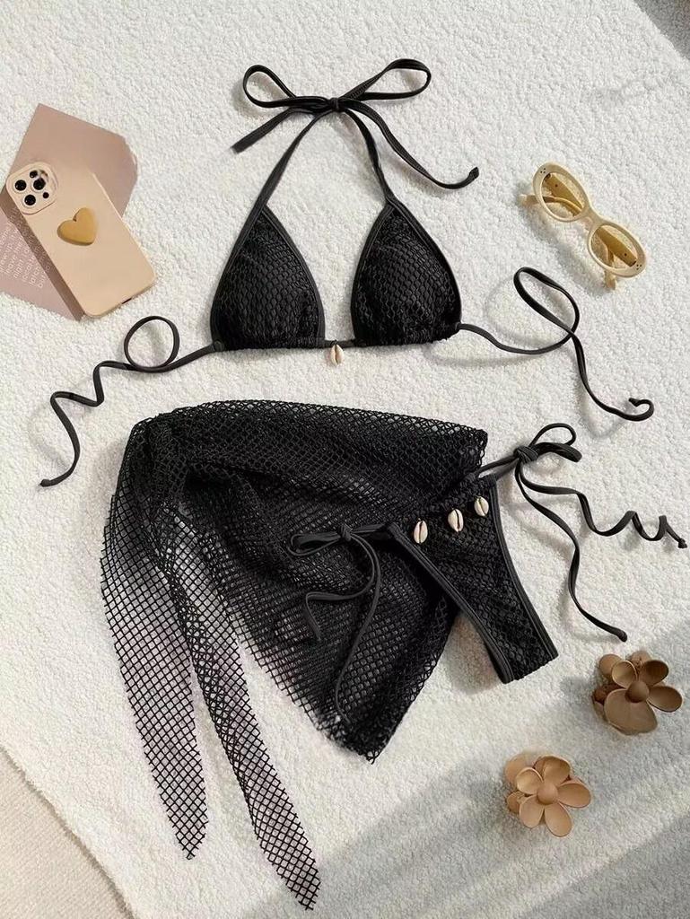 Popular Sexy Strappy Bikini Set with Mesh Wrap Skirt - European & American Style Women's Swimwear