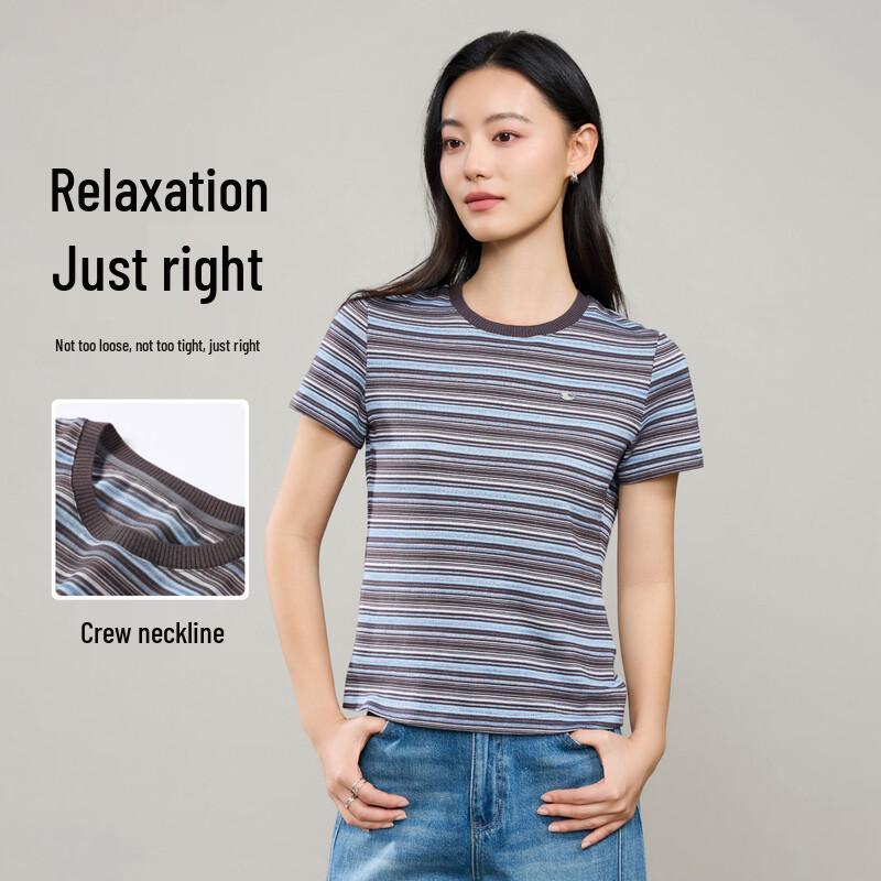 ESE-Y Women's Striped Color-Block Round Neck T-Shirt