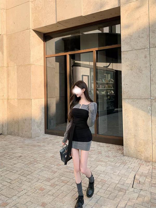 Chill Qiao'er Korean Style Model-Inspired Waist-Cinching Color Block Dress Set