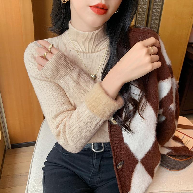 Pit Strip Semi-turtleneck Integrated Imitation Mink Velvet Bottoming Shirt Top Women's Autumn and Winter Slim-fitting Inner with Warm Knitted Sweater
