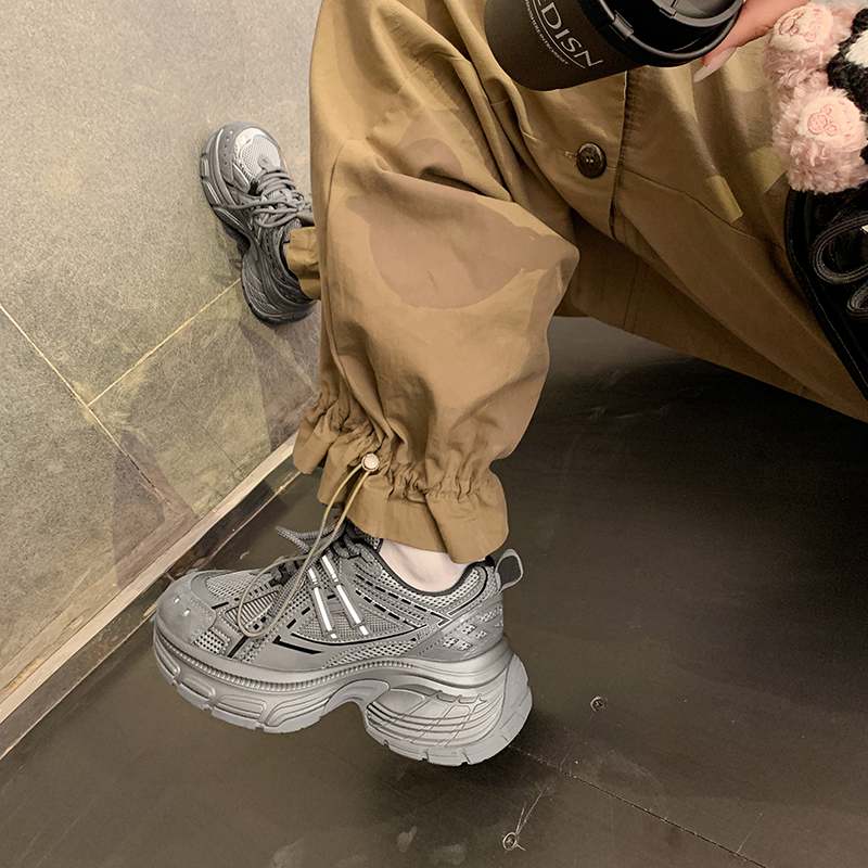 Krazing Pot Microfiber Mesh Spring Autumn Summer Sneakers Platform Lace Up Silver Color Sneakers Thick Bottom Women Fashion Shoes