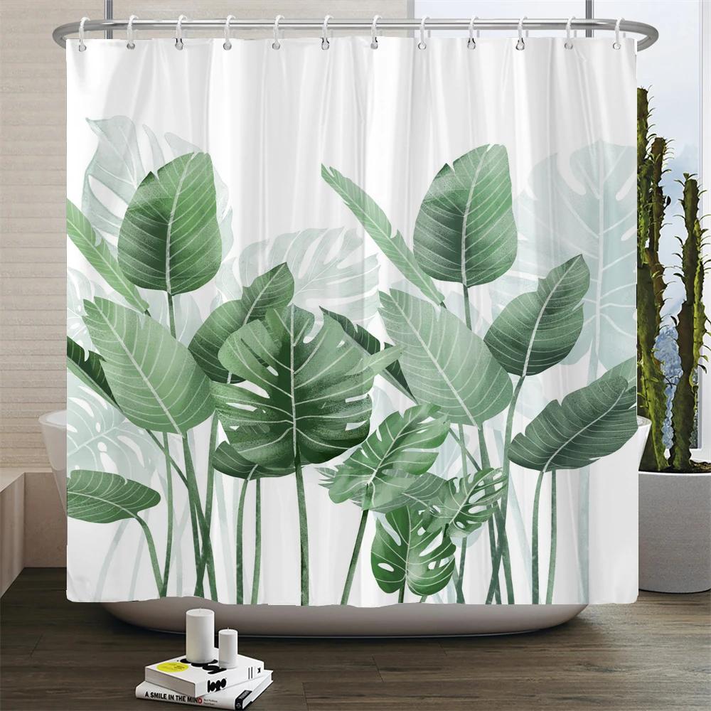 Green Plant Leaves Shower Curtains Bath Curtain Bathroom 3d Printed Fresh Waterproof Polyester Cloth With Hooks Home Decor Mat