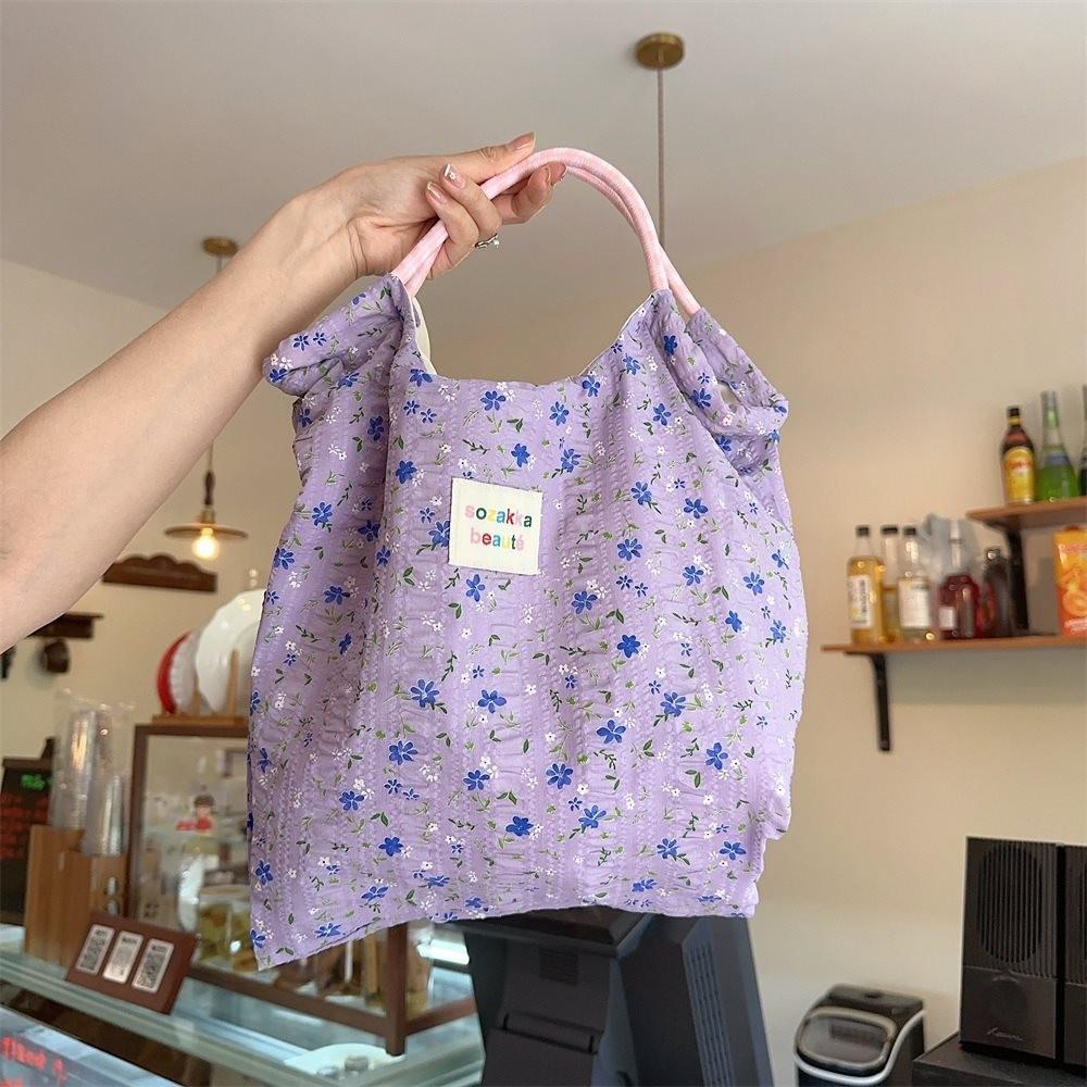 Stylish Korean Floral Print Canvas Tote Bag For Spring Summer With Large Capacity And Soft Design Ideal For Beach And Vacation Activities