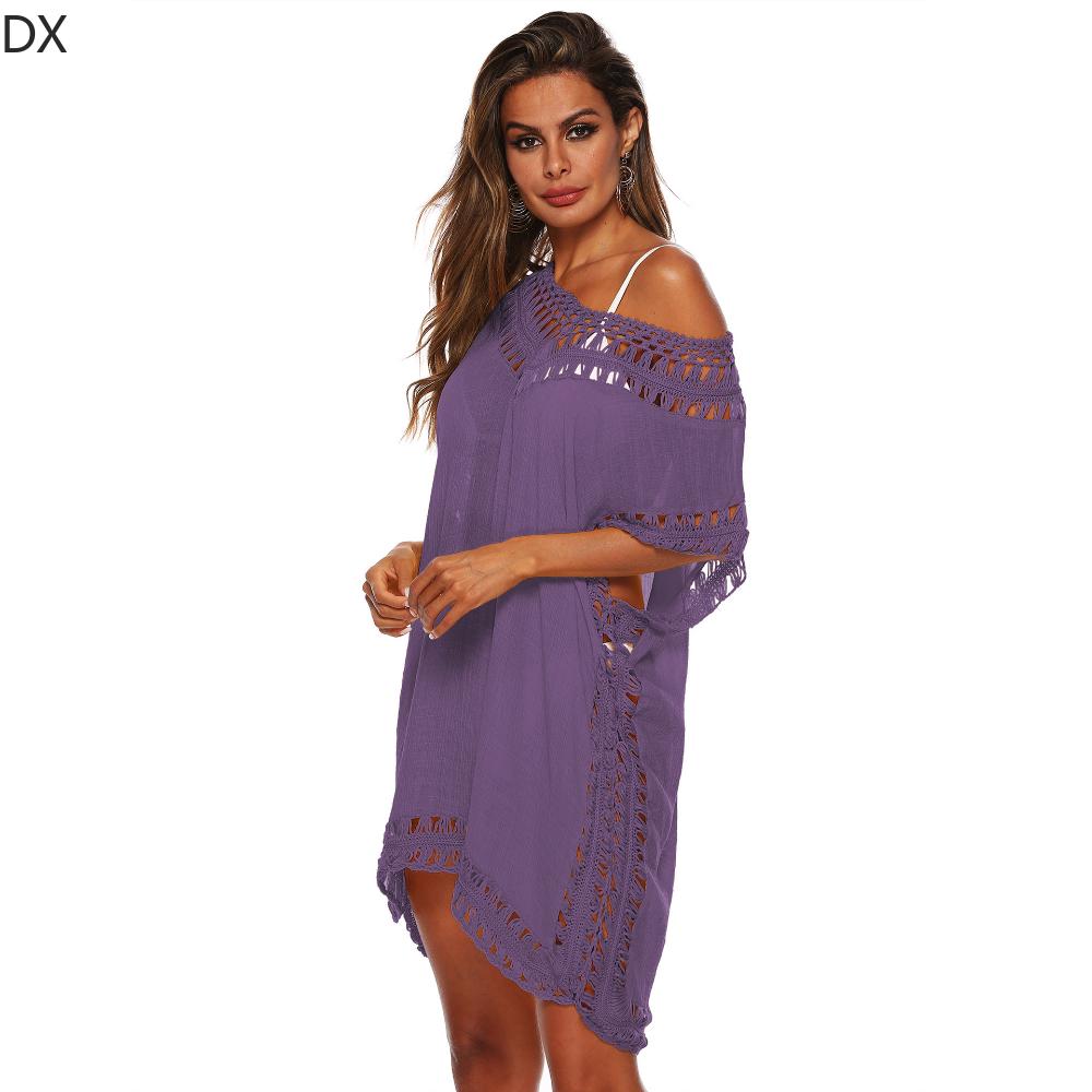 DX - Solid V-neck Hook Patchwork Smock Sexy Hollow Loose Beach Smock Short Skirt