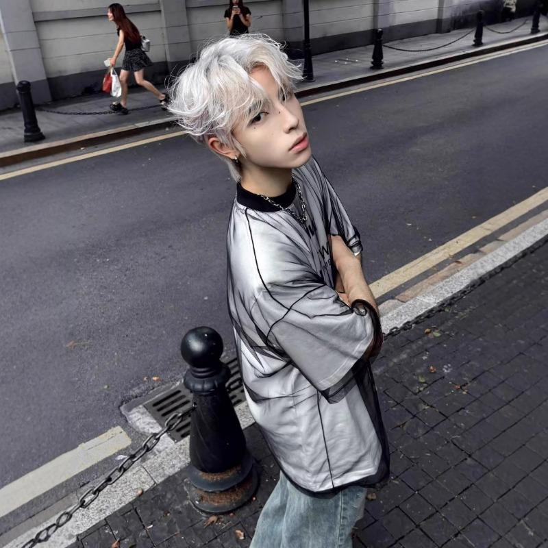Men Mesh Layered Letter Print Oversized Short Sleeve T Shirt Casual Streetwear Summer Top