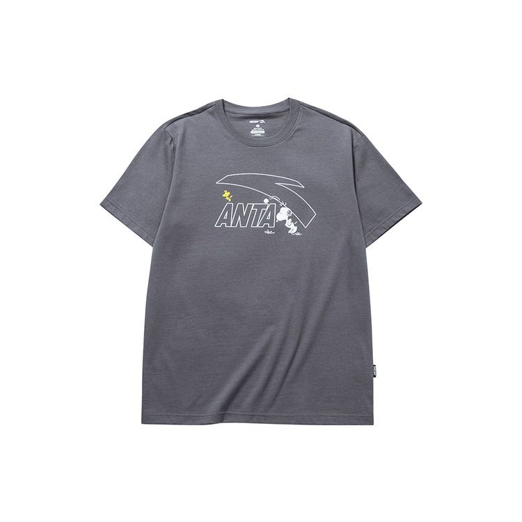 

Anta X Snoopy Cartoon Logo Print Loose Sports Knit T-Shirt Unisex Tops Gray 952129111-4 M