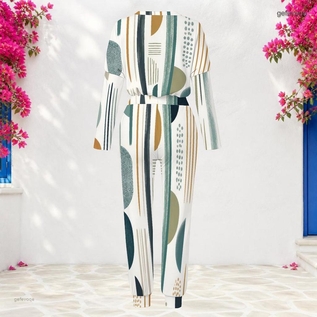 Women Plus Size Geometric Printed Round Neck Long Sleeve Two Piece Set Cuffed Top And Pants With Pockets