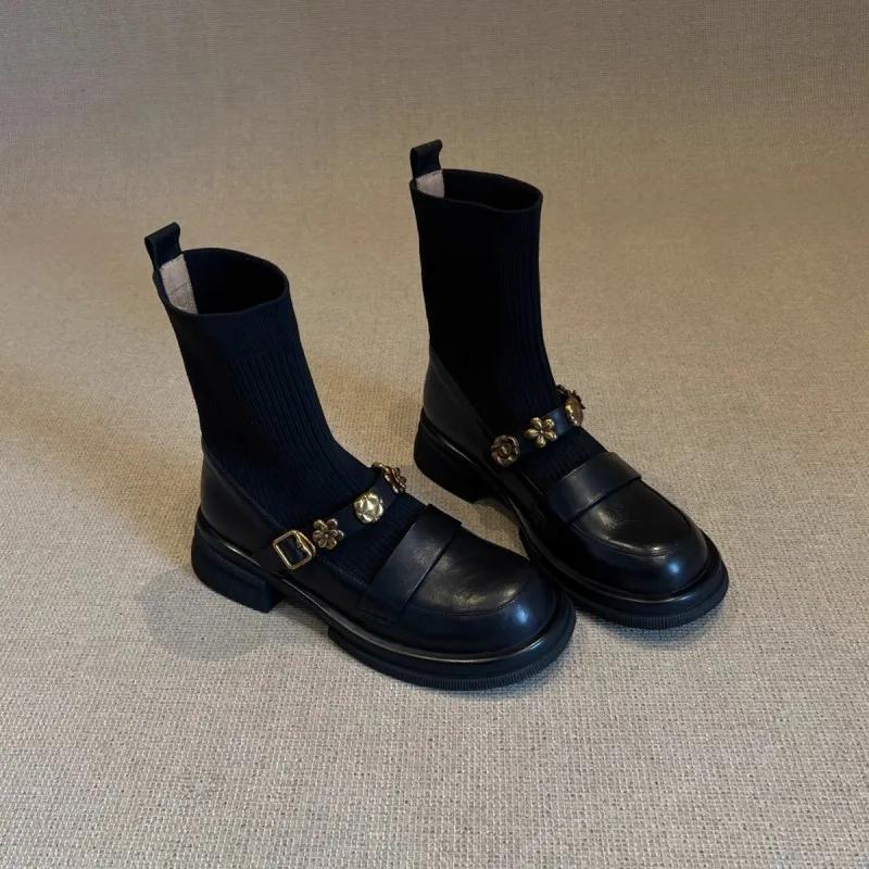 

Thick Soled Metal Buckle Elastic Short Boots Retro Knitted Slim Boots Women s Versatile Loafers Socks Boots 35