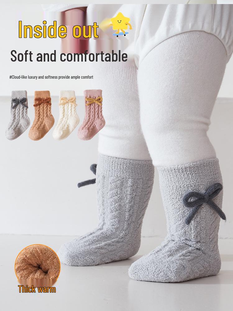 Xiyu Jia Autumn/Winter Baby Mid-Calf Bowknot Knit Socks - Warm, Thick, Cable Knit for Infants and Toddlers