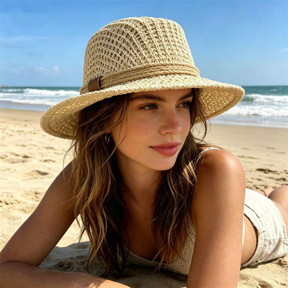 French retro hand-woven straw hat summer seaside vacation sun protection versatile sunshade sun hat hollow beach hat