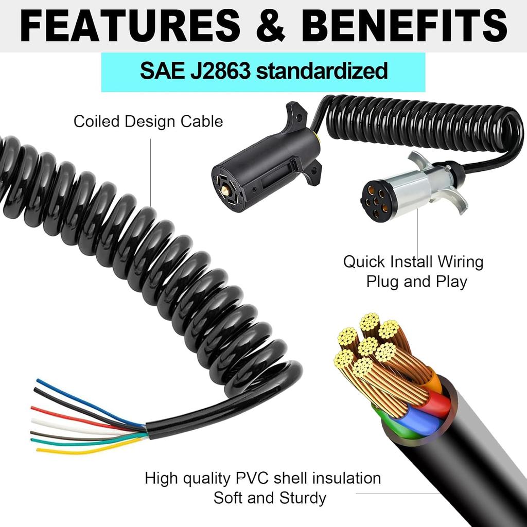 7 Pin To 6 Pin Trailer Adapter, RV 7 To 6 Trailer Wire Kit, 7-Wire To 6-Wire Coiled Cable with Female Receptor Trailer Adapter Stretches To 8-10 Feet