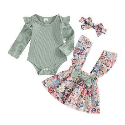 3-Piece Baby Girls Set Ruffles Long Sleeve Round Neck Romper Floral Print Bow Overall Skirt Hair Band Outfits 