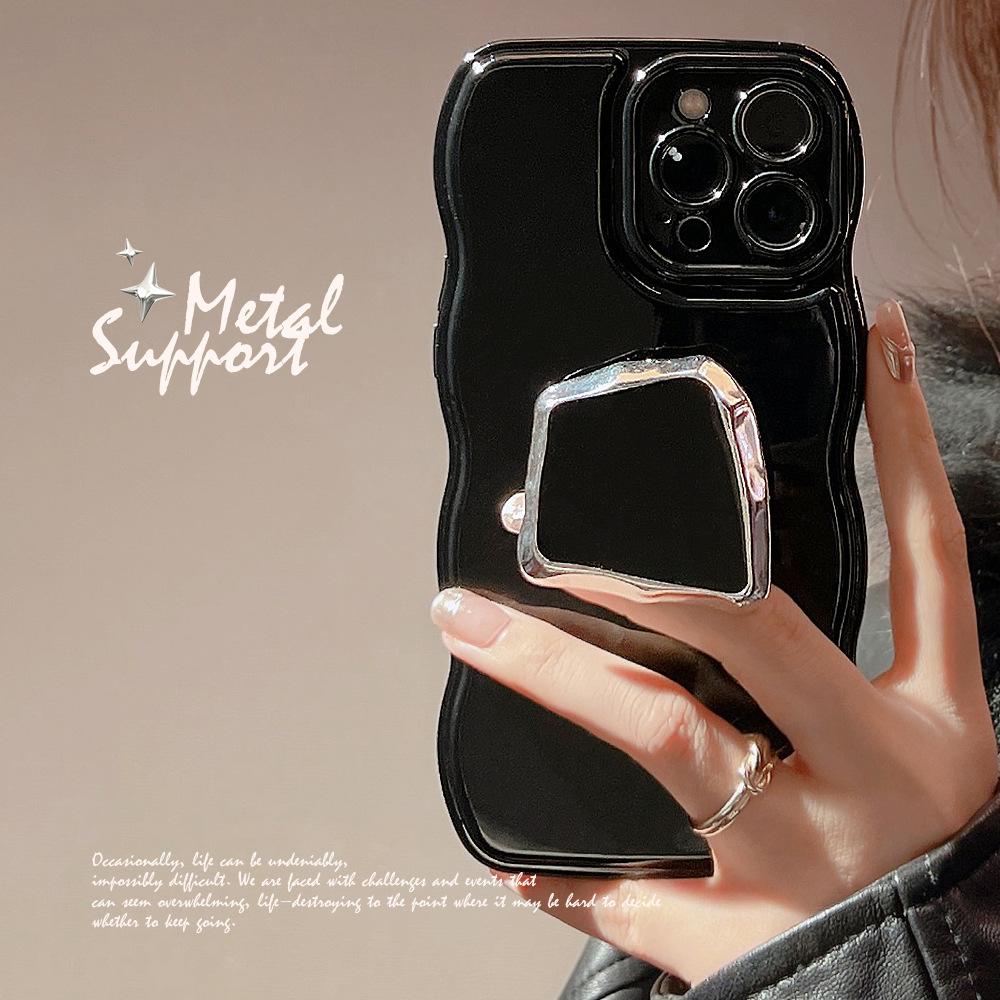 Luxury Solid Color Wavy With Metal Holder Phone Case For iPhone 17 16 15 14 11 Pro Max Plus Soft Silicone Shockproof Cover