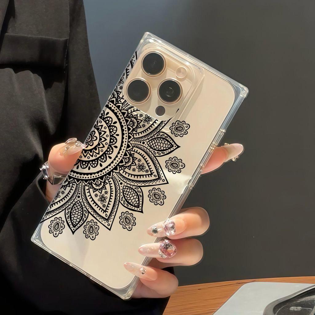 Transparente Quadratische Rückseite Röhrenhülle Schutz Für iPhone 13 12 15 Plus 14 Pro Max 16 ProMax 11 Anti-Sauerstoff, Schwarzes Halber Blumenkranz Muster Gehäuse