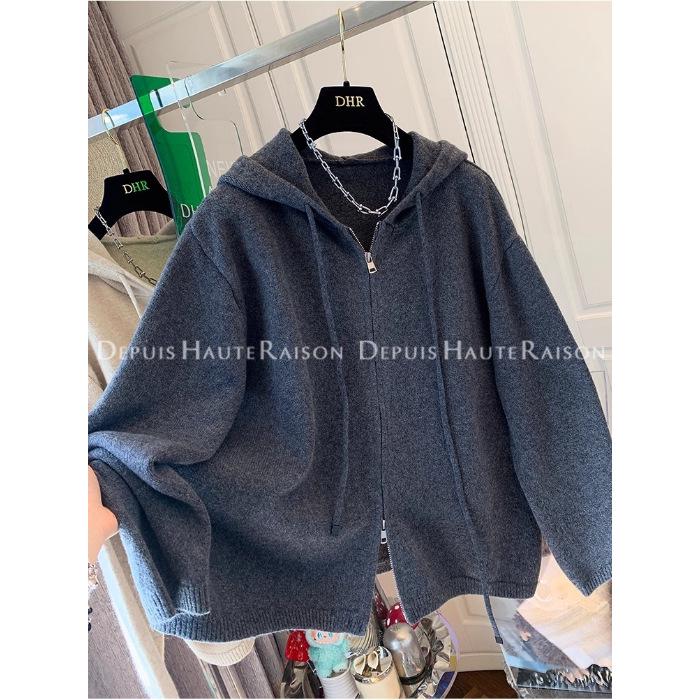 

2025 Autumn/Winter Plus Size Knitwear: Double Zipper Hooded Solid Color Design for Women Size 3 (for 160-240 jin) темно-сірий