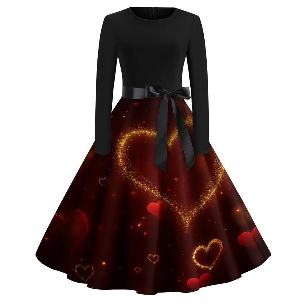 Women's Fashion Round Casual Slim Fit  Print Large Swing Long Sleeve Dress