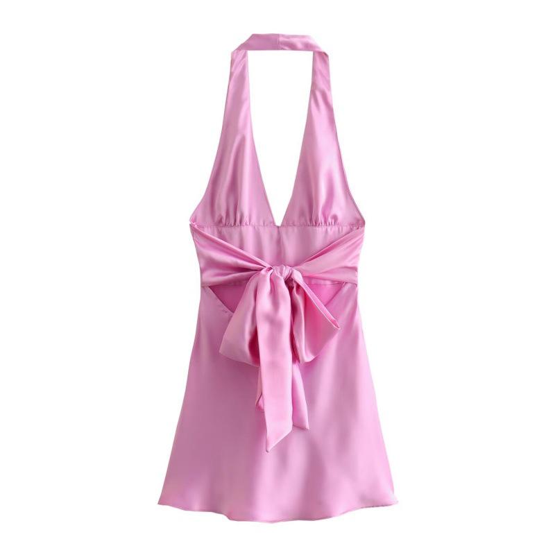 2025 Summer V-neck Halter Backless Silk Satin Tie-Up Mini Dress