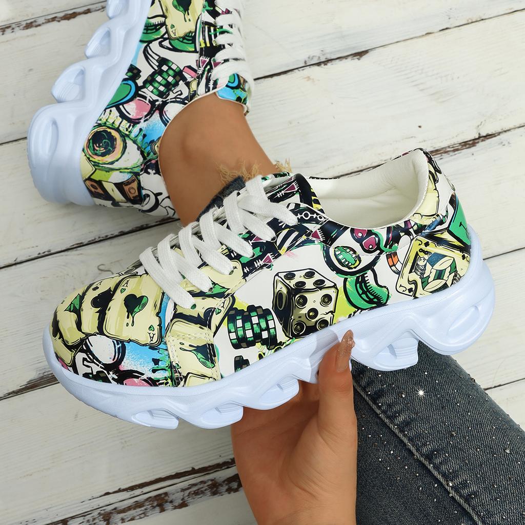 Zapatillas planas de moda para mujer 2024 Primavera y Otoño Nueva Moda Estampado Aleatorio Cómodas para Caminar con Cordones Zapatos Casuales Talla Grande