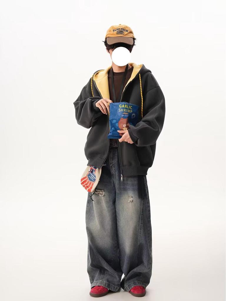 Moletom Color Block Unissex de Outono: Jaqueta Esportiva Solta Estilo College com Zíper Duplo