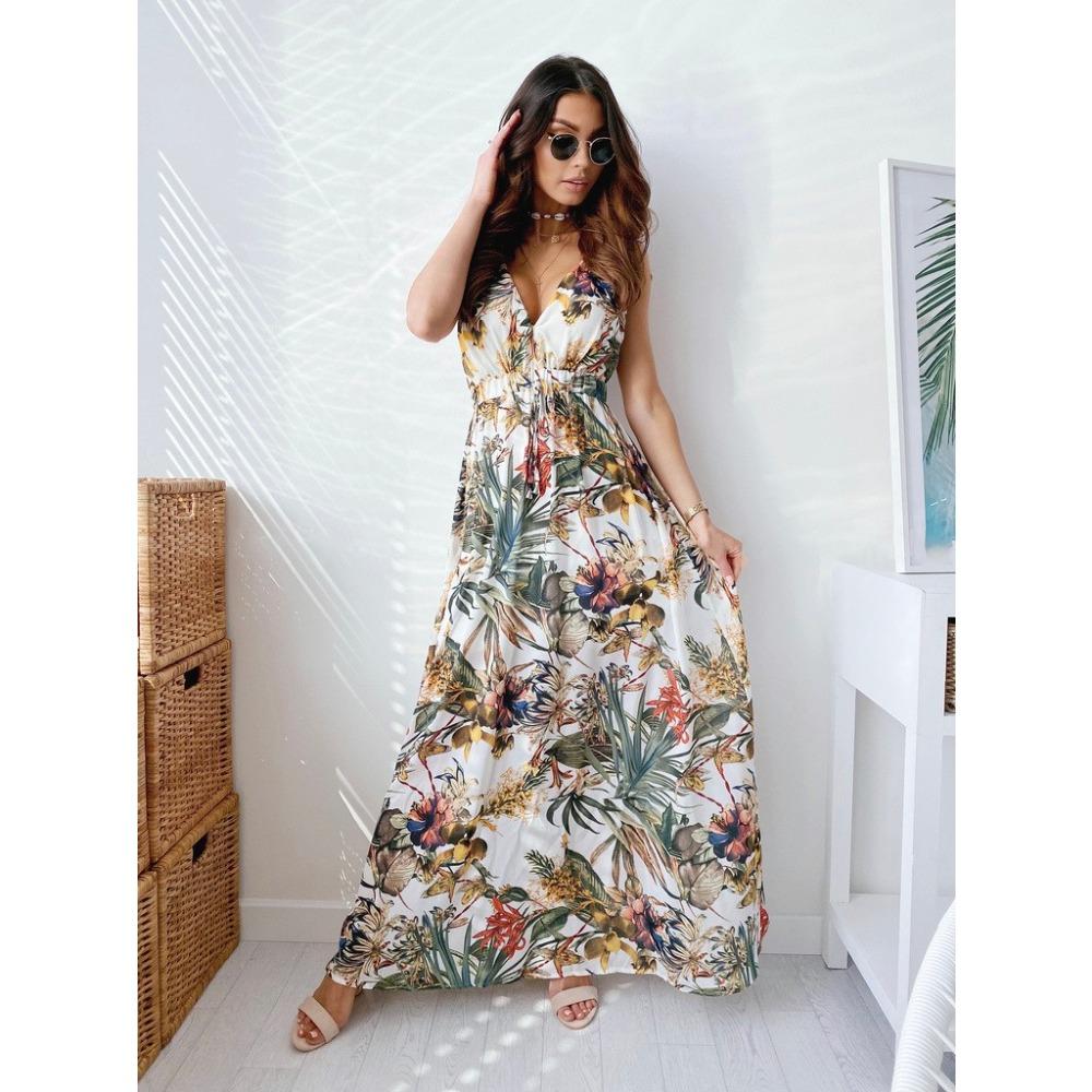 Women's V Neck Sleeveless Tropical Print Maxi Dress High Waist A Line Casual Beach Dress
