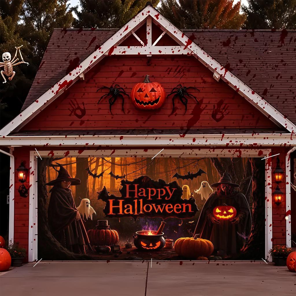 2D flat banner 1PC Halloween garage mystic witch ghost and pumpkin design with "Happy Halloween" text outdoor decorations