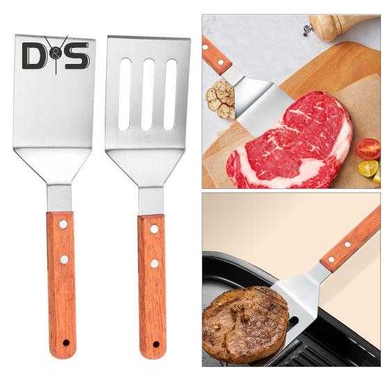 Stainless Steel Frying Spatula Set with Wooden Handle Heat Resistant Solid Turner Non Stick Slotted Spatulas for Frying Baking Flipping Turning