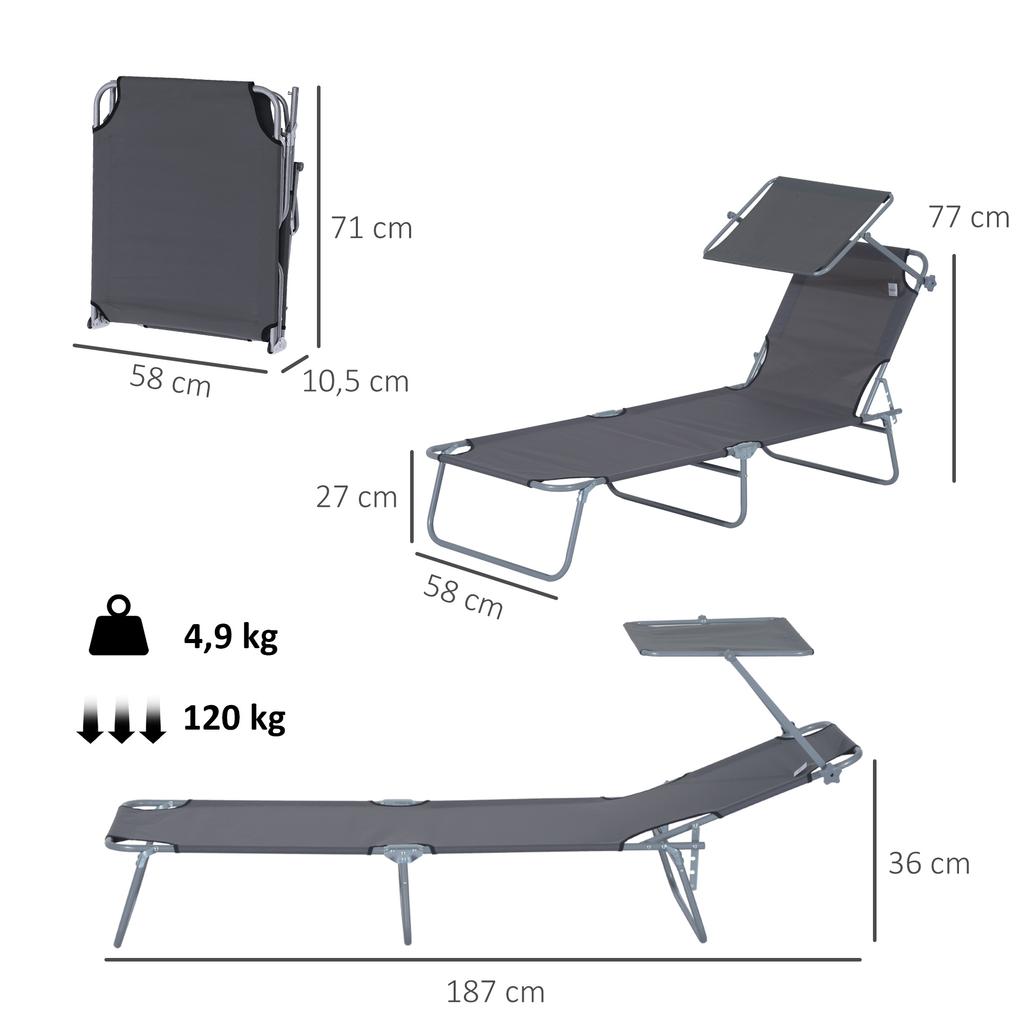 Foldable Sun Lounger, Garden Lounger with Sunshade, Beach Lounger, with 4-position Adjustable Backrest,  Suitable for Garden, Balcony and Pool, Gray