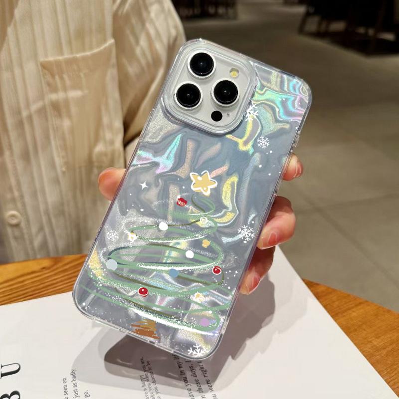 Cartoon Christmas Tree Pattern Phone Case For iPhone 17 Air 16e 16 15 14 Pro Max 13 17 Pro Max Shockproof TPU Hybrid Hard PC Phone Cover