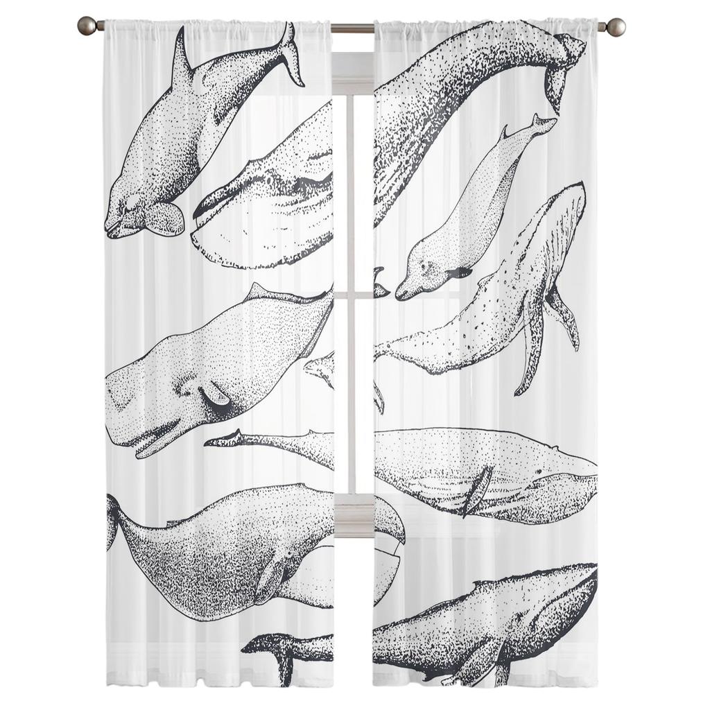Whale Animal Illustration Tulle Curtains For Living Room Decoration Modern Chiffon Sheer Voile Kitchen Curtain