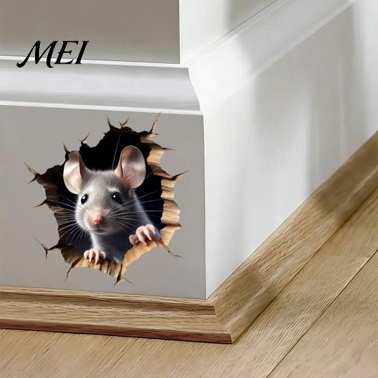 Realistic Animal Decal for Windows Grey Mouse Peeking Wall Decal, 3D Hole Effect Sticker, Removable Three Dimensional Sticker PVC Art Living