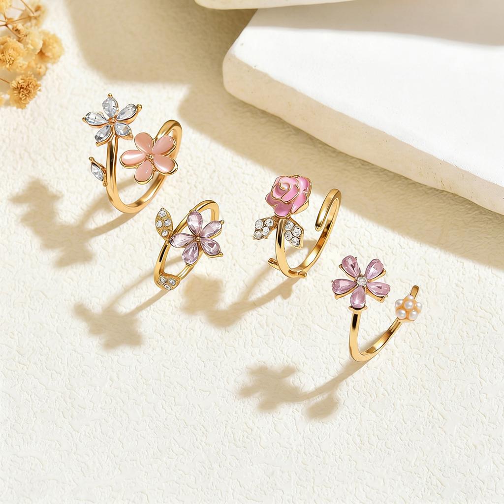 European and American women's ring set, geometric flower drip oil diamond design open ring versatile index finger ring
